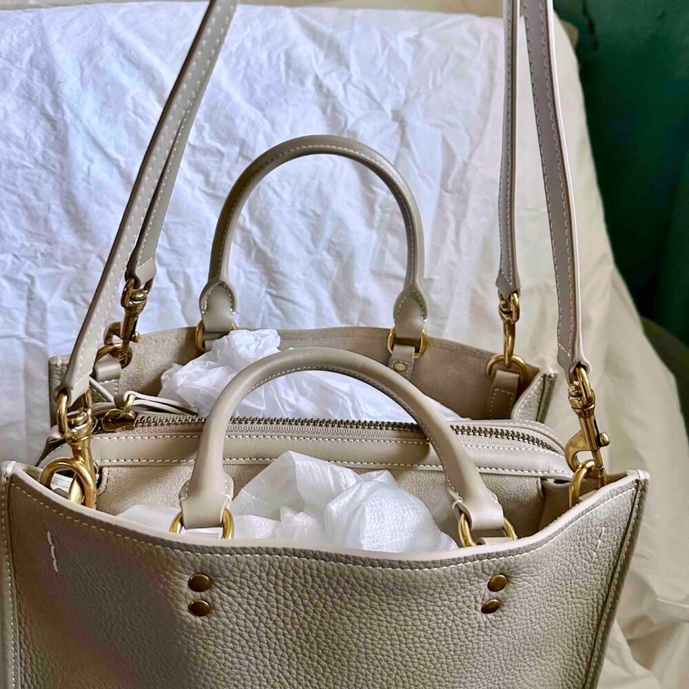 NWT QUINCE Italian Leather Medium Convertible Satchel Taupe Ecru 3way bag - Picture 6 of 16
